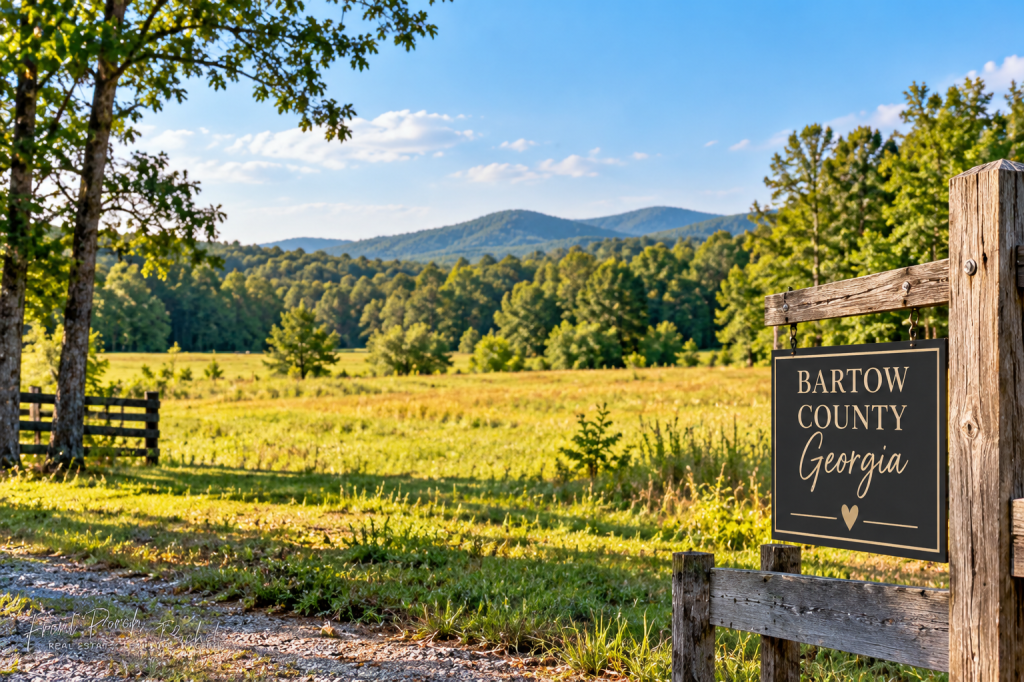 Rural acreage with open fields, wooded hills and mountain views representing land for sale in Bartow County, Georgia.