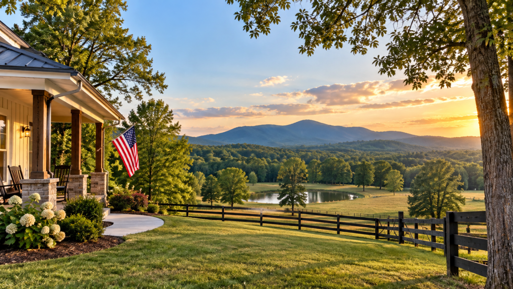 Rural Bartow County Georgia home overlooking open acreage, pond, wooded hills and North Georgia mountains.