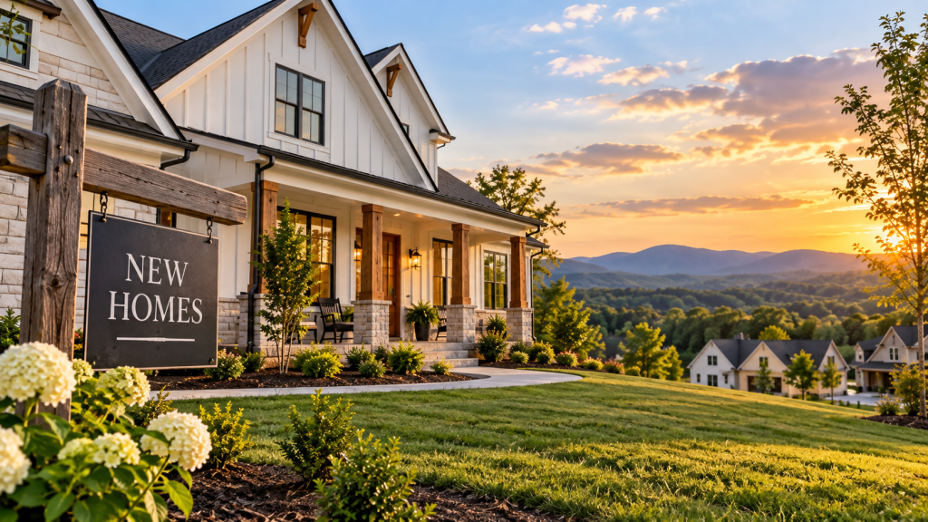 New construction home with front porch and mountain views representing new homes in Bartow County, Georgia.