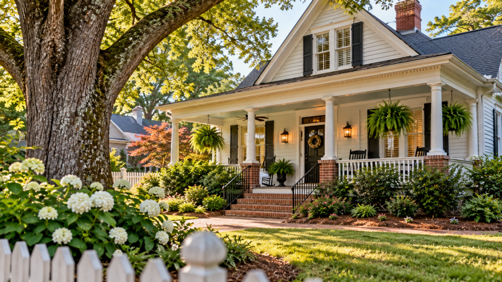 Charming older home with a large front porch, mature trees and established landscaping representing older homes in Bartow County, Georgia.
