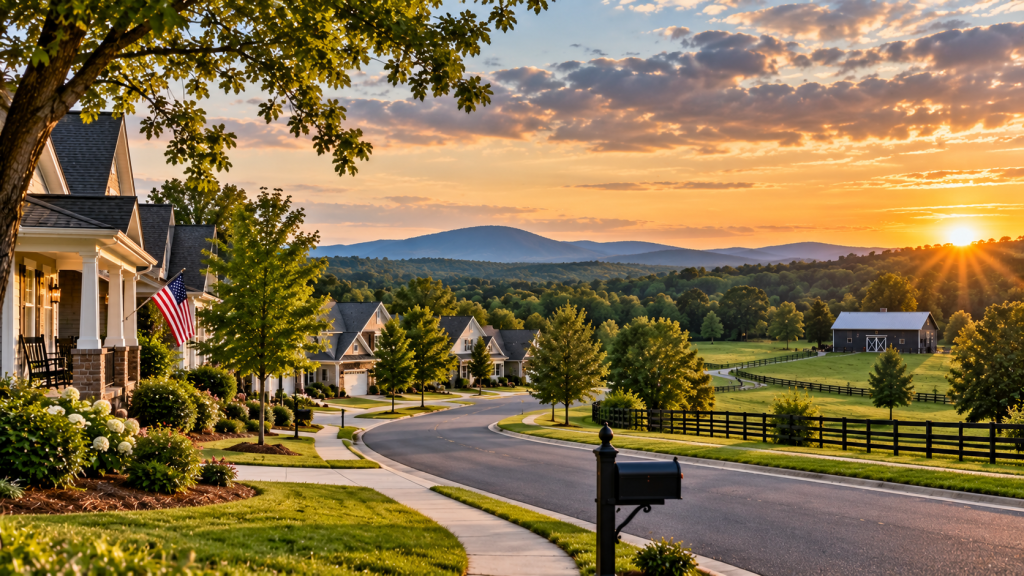 Bartow County Georgia neighborhood transitioning into open acreage and farmland with North Georgia mountain views.