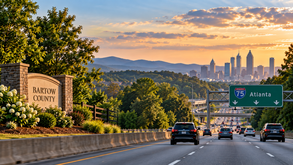 Interstate 75 leading from Bartow County toward the Atlanta skyline, representing the commute from Bartow County to Atlanta, Georgia.