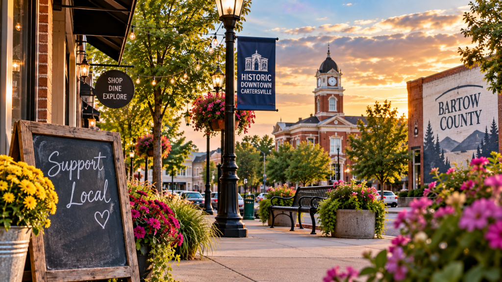 Downtown Cartersville streetscape representing weekend events, local businesses and things to do in Bartow County, Georgia.