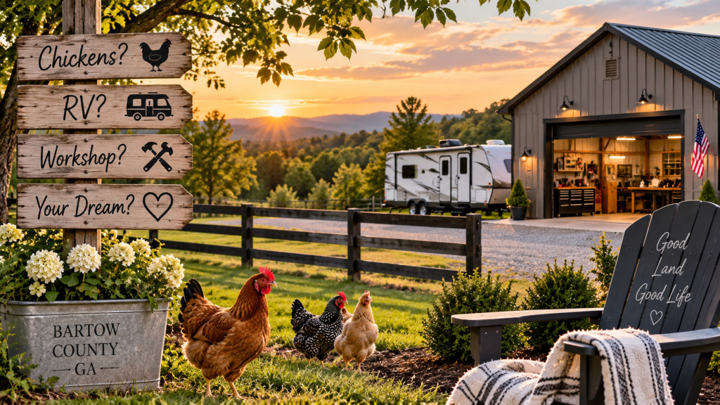 Rural Bartow County Georgia property with chickens, an RV and a detached workshop, representing property-use considerations for home buyers.