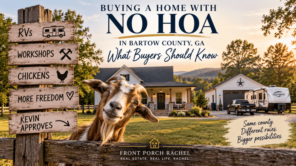 No HOA rural property in Bartow County Georgia with acreage, a workshop, RV, boat and goat, representing property-use considerations for buyers.