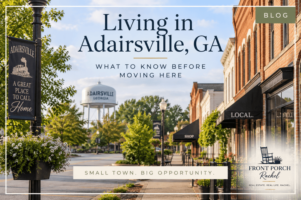Downtown Adairsville, Georgia streetscape with historic storefronts and the Adairsville water tower