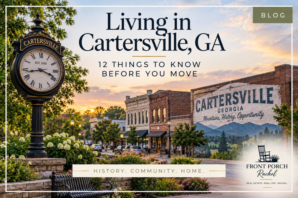 Downtown Cartersville, Georgia with historic brick storefronts, landscaped sidewalks, and a Cartersville street clock