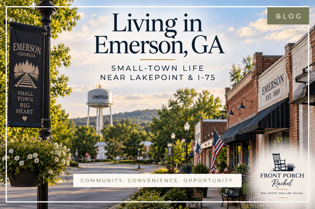 Downtown Emerson, Georgia with historic storefronts, landscaped sidewalks, and rolling hills in the background