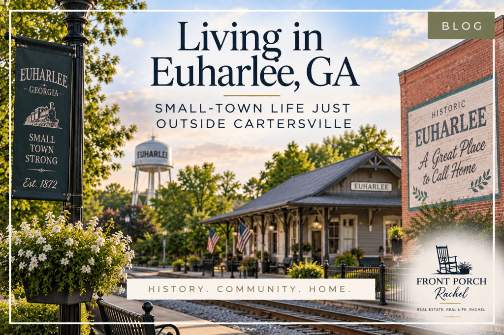 Historic Euharlee, Georgia streetscape with the Euharlee depot, railroad tracks, greenery, and small-town community setting