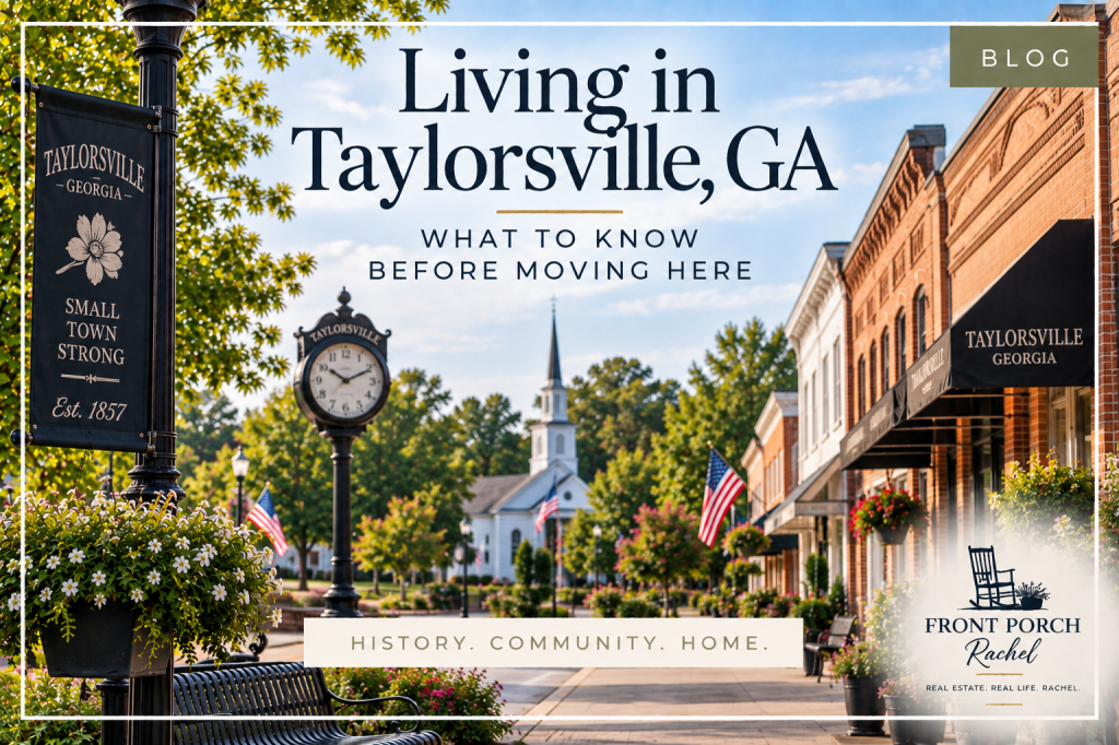 Taylorsville Georgia small-town streetscape with historic downtown storefronts, church, greenery, and community details
