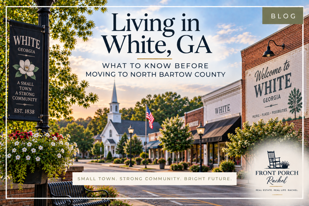 White Georgia downtown streetscape with historic storefronts, church, greenery, and small-town community character