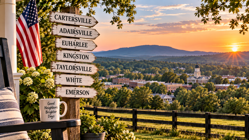 Directional signs for Cartersville, Adairsville, Euharlee, Kingston, Taylorsville, White and Emerson overlooking Bartow County, Georgia.