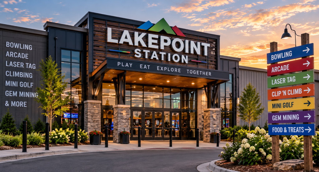 LakePoint Station near Emerson, Georgia, a family entertainment destination with bowling, arcade games, laser tag, climbing and mini golf.