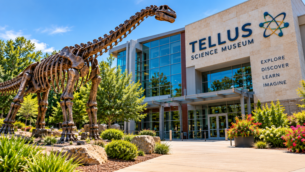 Tellus Science Museum in Cartersville, Georgia, featuring the museum exterior and dinosaur exhibit.