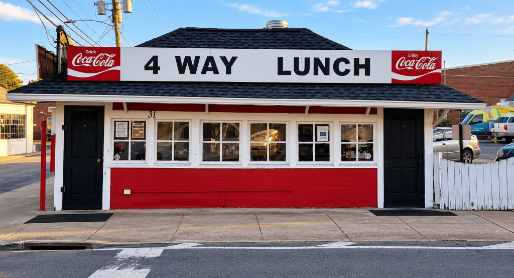 Exterior of 4 Way Lunch in Downtown Cartersville, Georgia, a historic local diner serving the community since 1931.