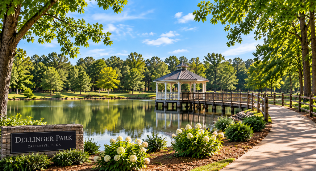 Dellinger Park in Cartersville, Georgia, featuring the lake, gazebo and tree-lined walking path.
