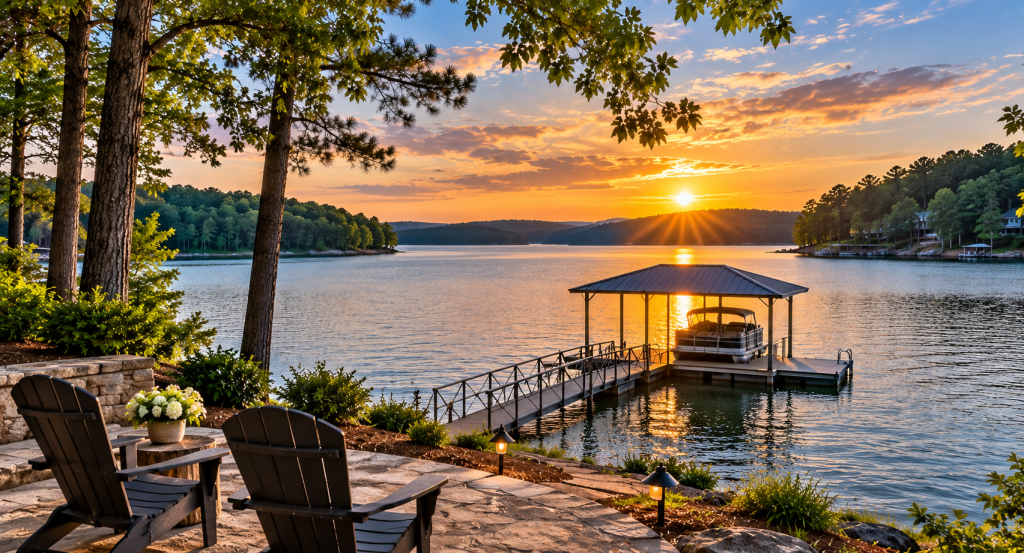 Lake Allatoona in Georgia at sunset with a private dock, covered boat slip and lakeside seating.