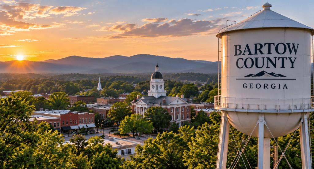 Scenic view representing Bartow County, Georgia, with a small downtown area, surrounding trees and North Georgia mountains.