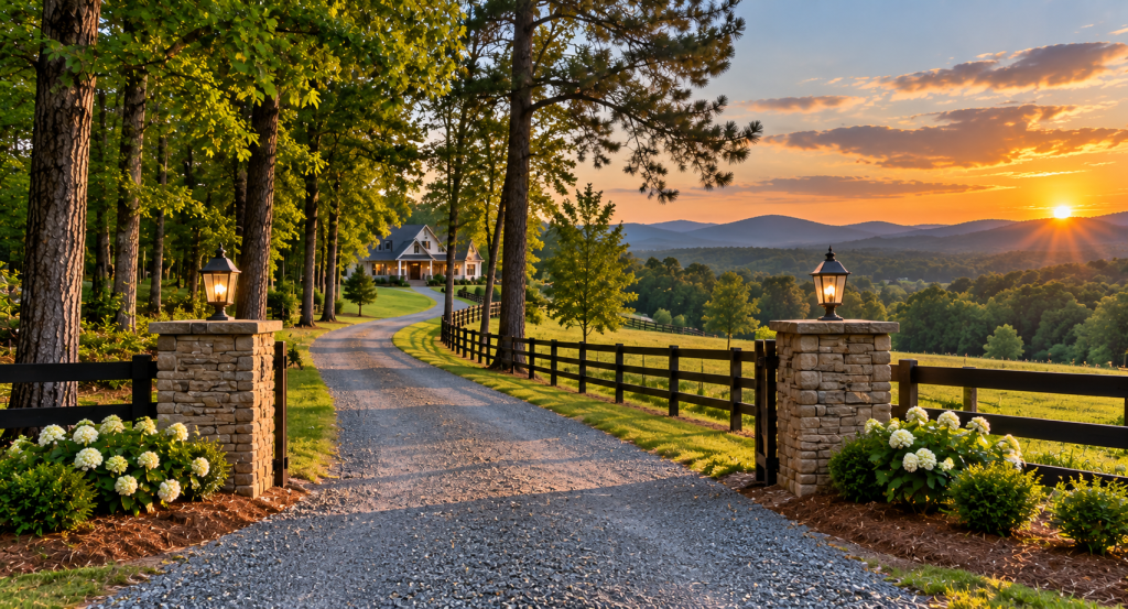 Long gravel driveway leading to a private rural home surrounded by trees and rolling North Georgia countryside.