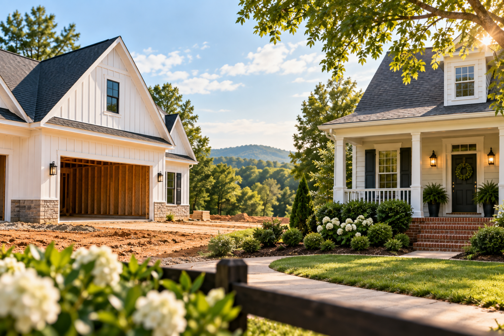 New construction home beside an established resale home illustrating the differences between new construction and resale homes in Bartow County, Georgia.