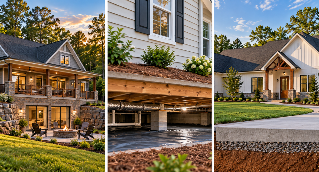 Comparison of a home with a basement, an accessible crawl space and a home built on a concrete slab foundation.