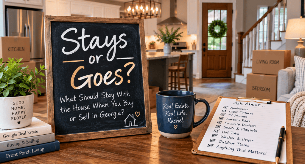 Stays or Goes real estate graphic illustrating items Georgia buyers and sellers should clarify before a home sale.