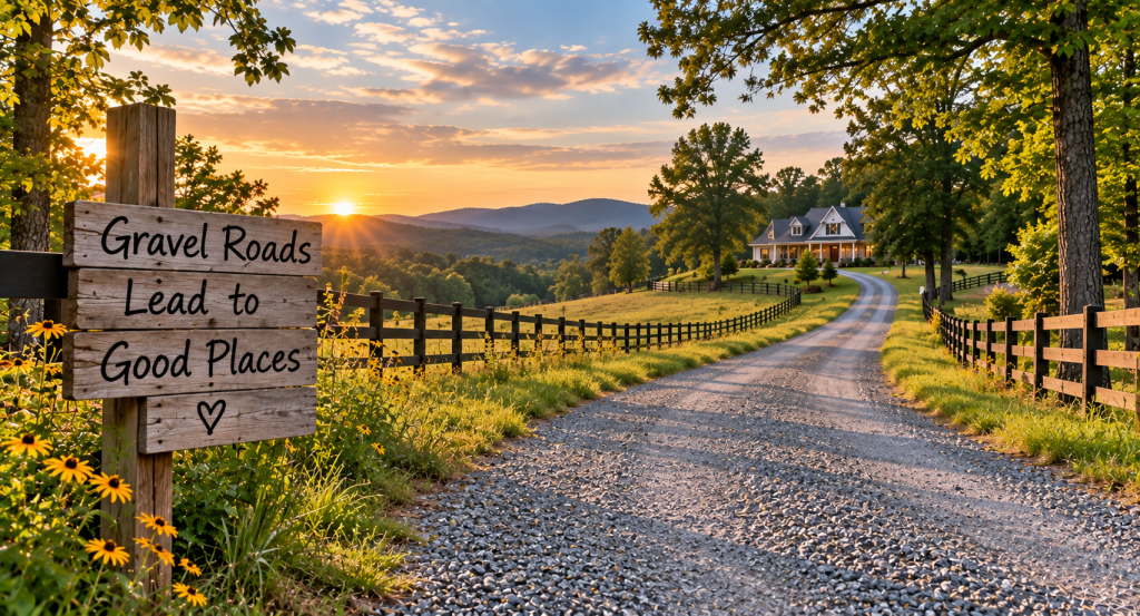 Gravel road leading to a rural North Georgia home surrounded by trees, fencing and rolling countryside at sunset.