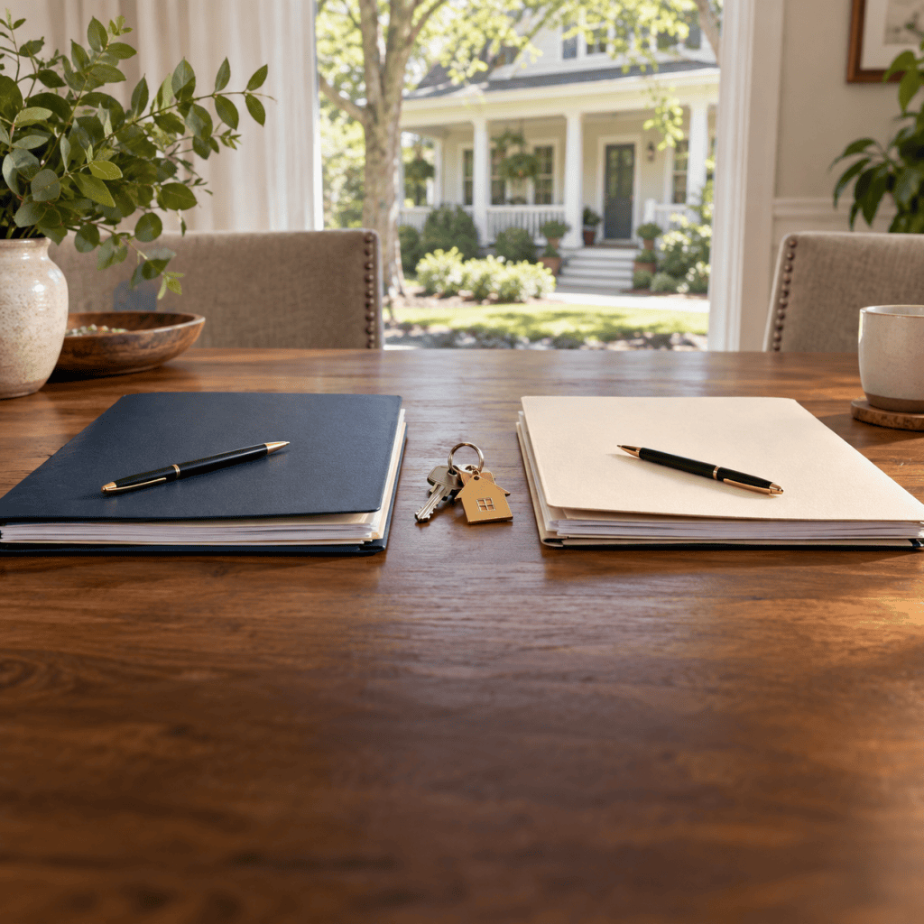 Two competing home offer packages with house keys on a table
