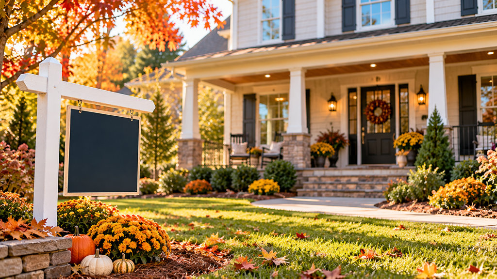Home for sale in autumn with a real estate sign in the front yard, representing a house that has been sitting on the market.