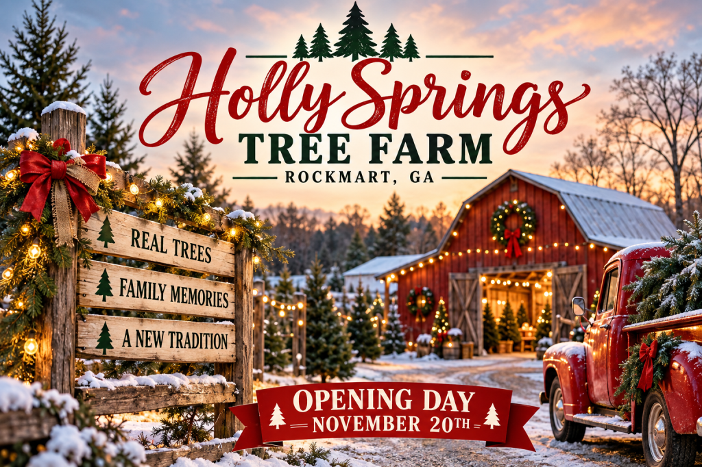 Holly Springs Tree Farm in Rockmart GA with Christmas trees, holiday activities and opening day information