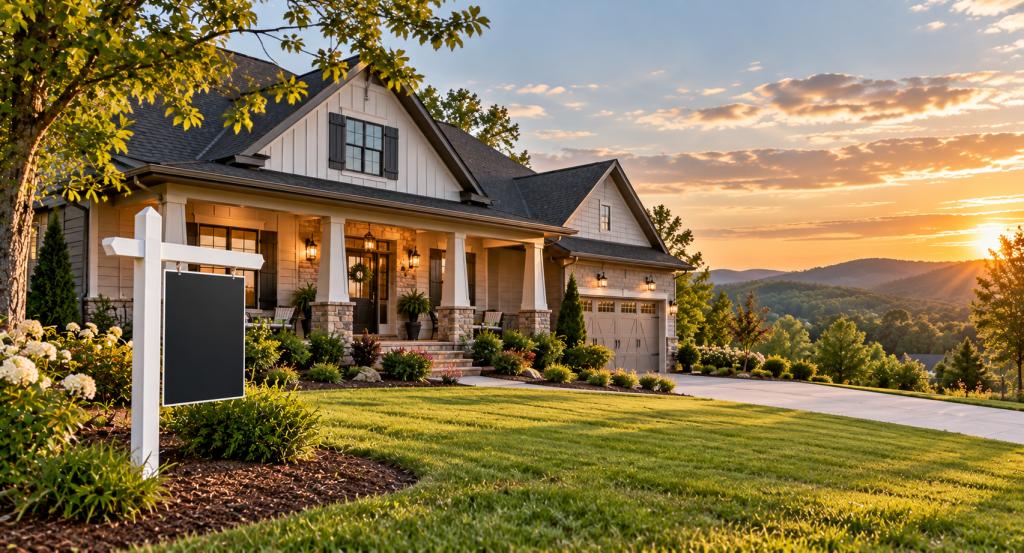 Bartow County Georgia home prepared for sale with a real estate sign in the front yard at sunset.