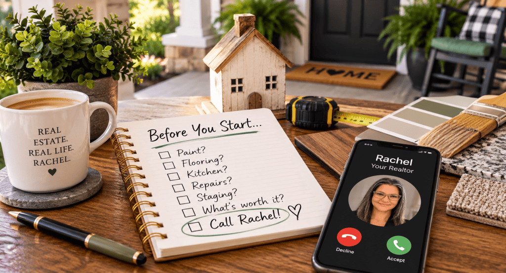 Home-selling preparation checklist with paint, flooring, repair and staging decisions beside a phone call to a Realtor.