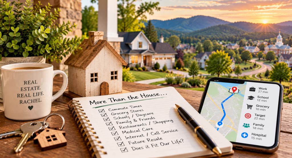 Homebuying location checklist showing commute, schools, shopping, family, medical care and other everyday considerations when choosing where to live.