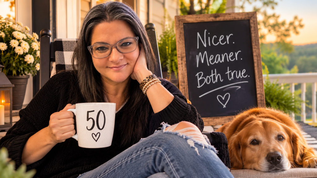 Rachel relaxing on a front porch at 50 beside a sign reading “Nicer. Meaner. Both true.”