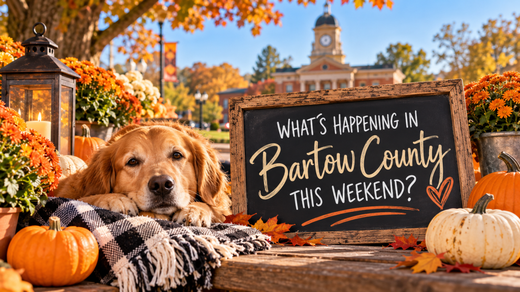 Fall scene in Bartow County with pumpkins and a sign asking “What's Happening in Bartow County This Weekend?”