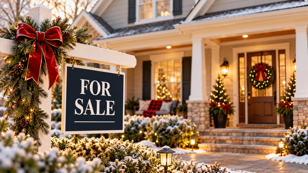 Home for sale during the Christmas season with holiday decorations and a For Sale sign in the front yard.