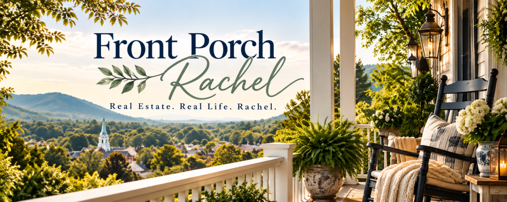 Front Porch Rachel branded porch banner overlooking the Northwest Georgia countryside