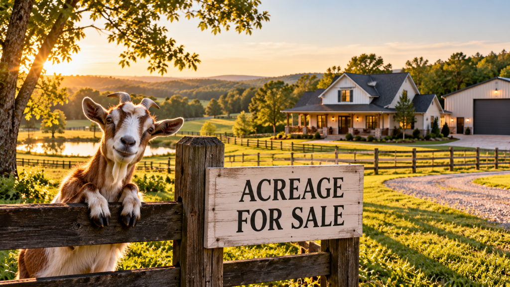 Rural Bartow County acreage with farmhouse, barn, fenced pasture, gravel driveway and goat beside an acreage for sale sign.