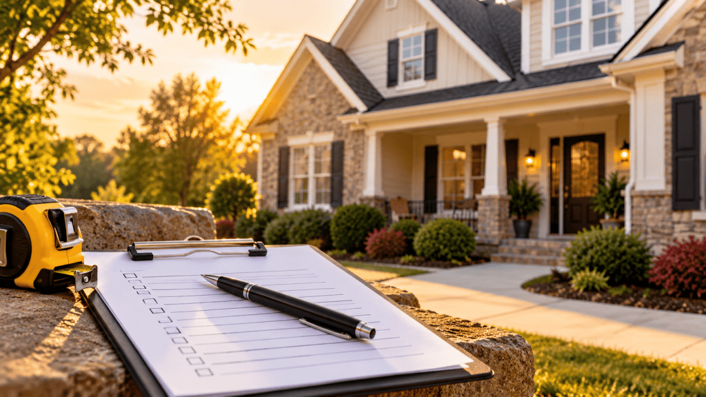 Home inspection checklist and measuring tape outside a Georgia house, representing due diligence when buying a home as-is.
