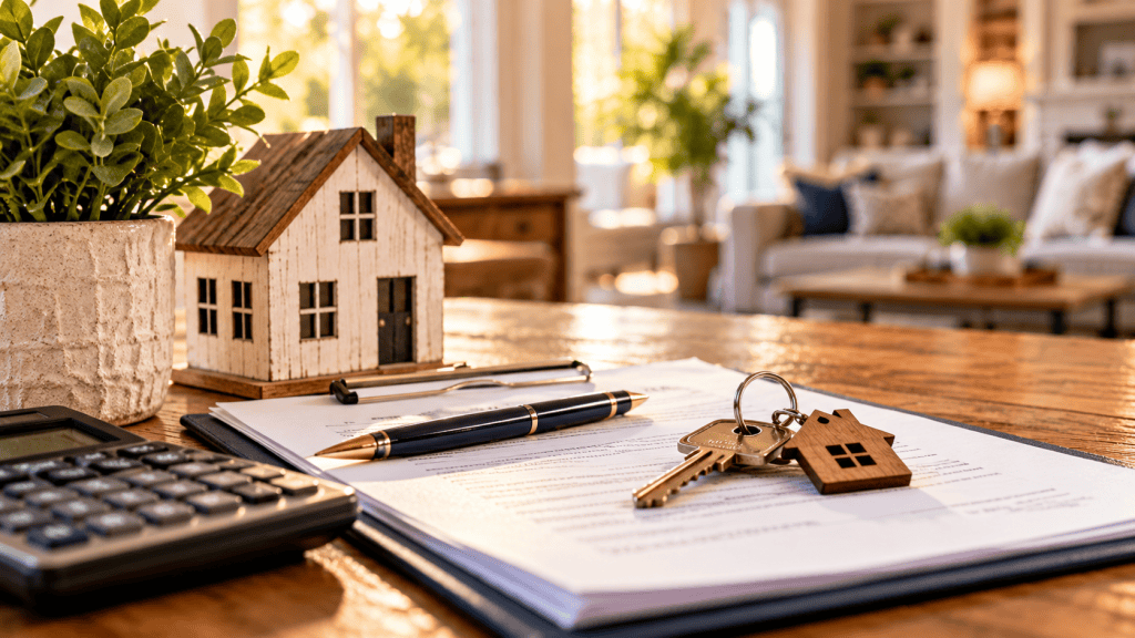 Home purchase paperwork, calculator and house keys representing closing costs when buying a home in Georgia.